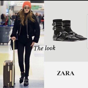 NWOB Zara Flat Vegan Buckled Studded Sock Ankle Boot